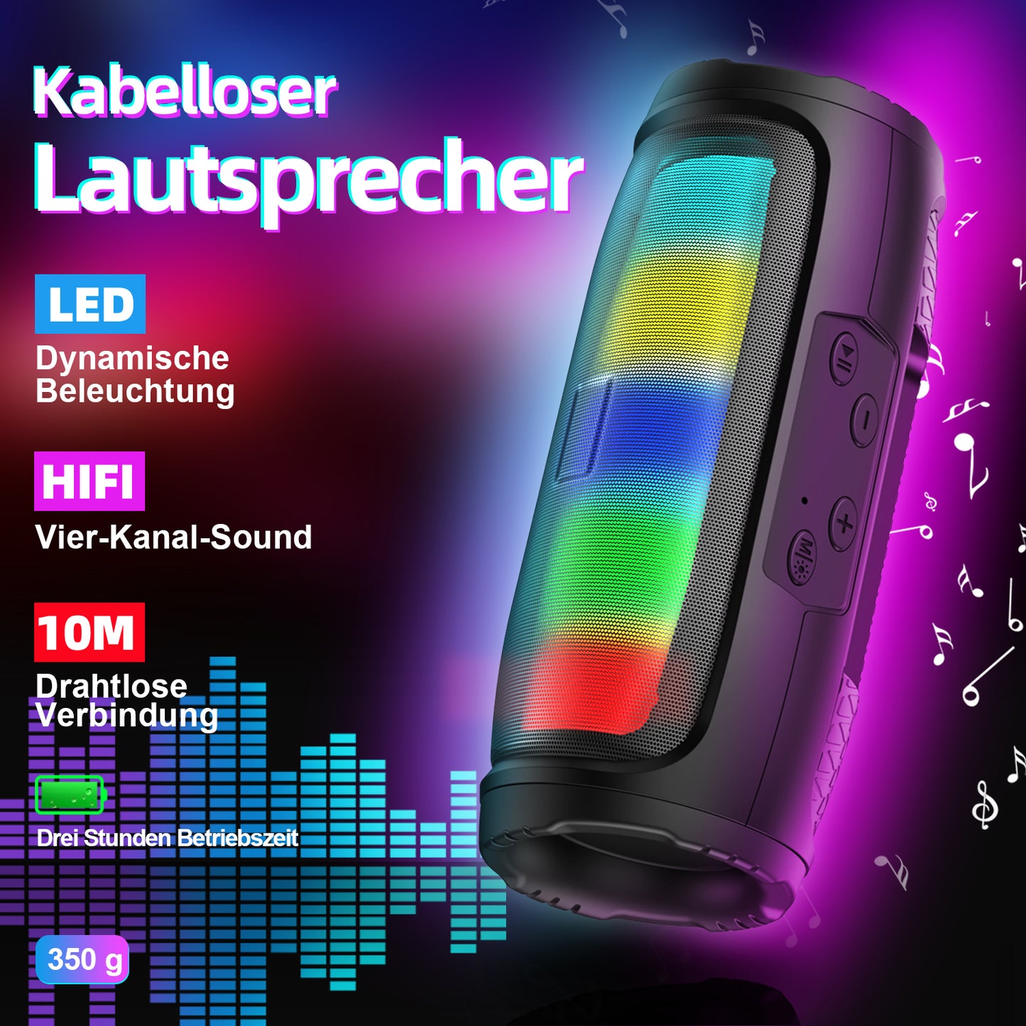 Drahtloser Lautsprecher - Tragbarer Outdoor-Lautsprecher mit bunten Lichtern, 1000-mAh-Batterie für eine Wiedergabezeit von 5 Stunden, kompatibel mit FM/TF/USB, geeignet für Mobiltelefone, Tablets, Fernseher und Computer.