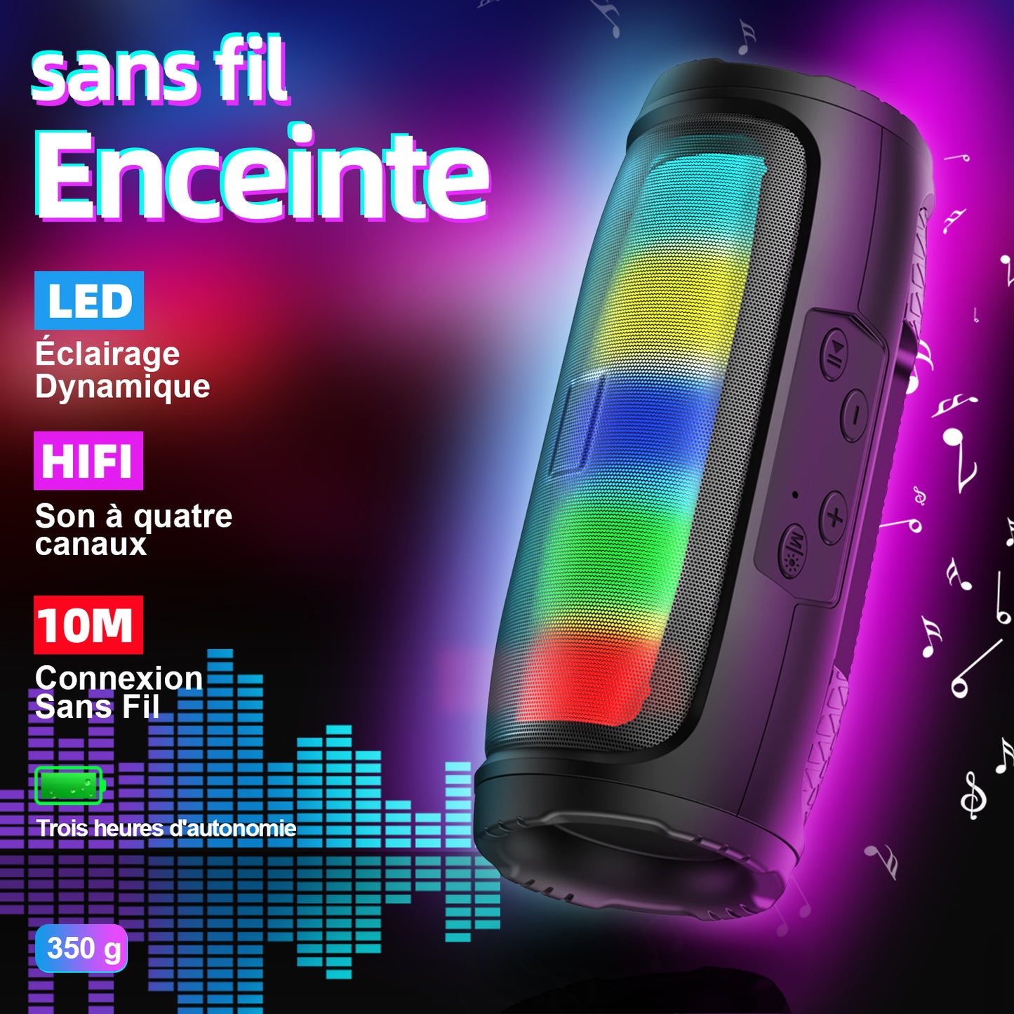 Haut-parleur sans fil - Haut-parleur portable pour extérieur avec des lumières colorées, batterie de 1000 mAh pour 5 heures de lecture, compatible avec FM/TF/USB, adapté aux téléphones mobiles, tablettes, télévisions et ordinateurs.