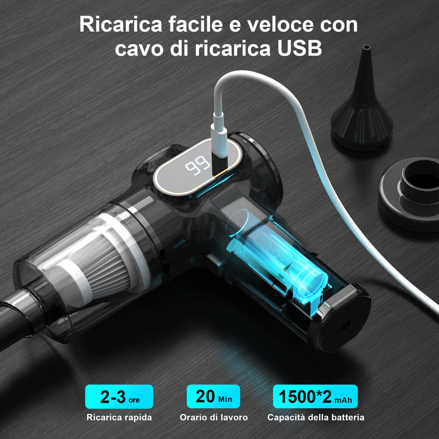 Aspiratore portatile, alimentato a batteria, aspiratore per auto, potente – 15000 Pa, senza fili, aspiratore per auto, prestazioni elevate, aspirazione potente, aspiratore portatile, alta potenza, aspiratore portatile per auto