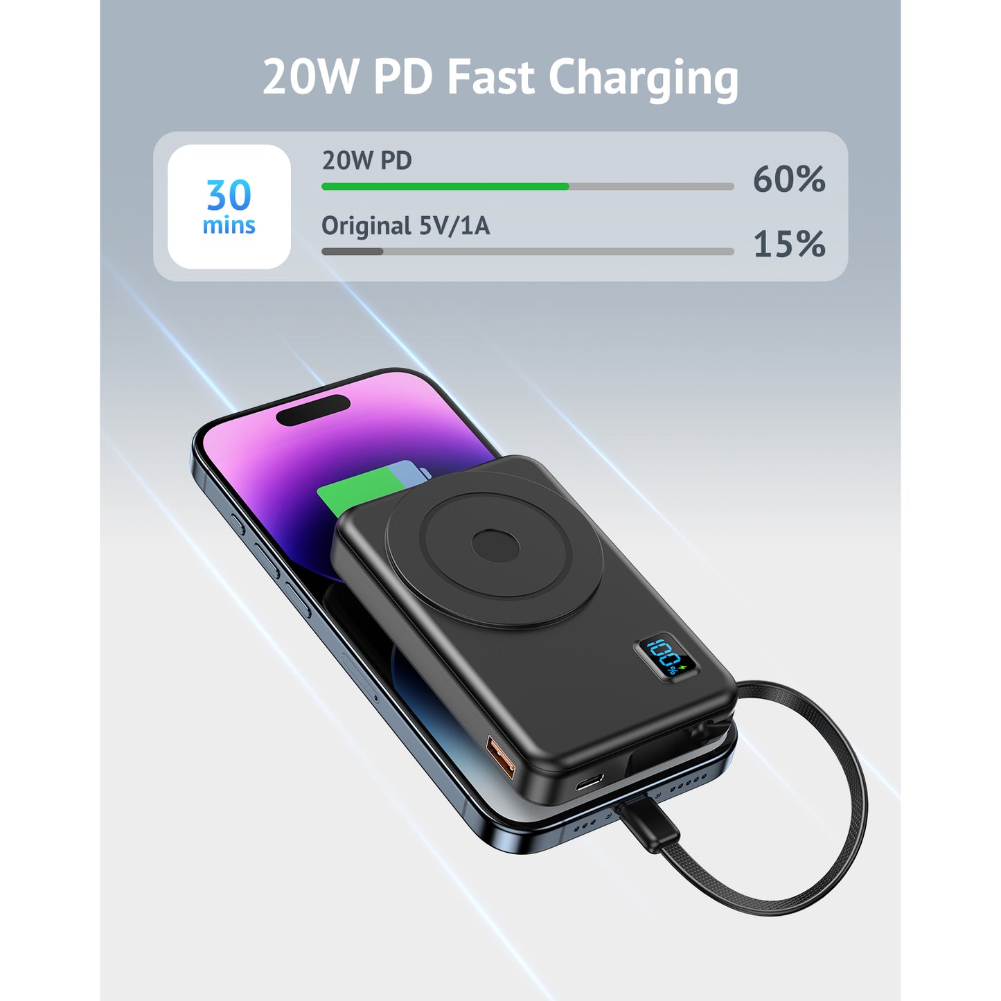 Power Bank, compatibile con la Power Bank magnetica da 10000 mAh, uscita USB-A PD 22,5 W, caricabatterie portatile senza fili con ingresso e uscita di tipo C, display LED per iPhone 15/14/13/12/Pro/Pro Max.