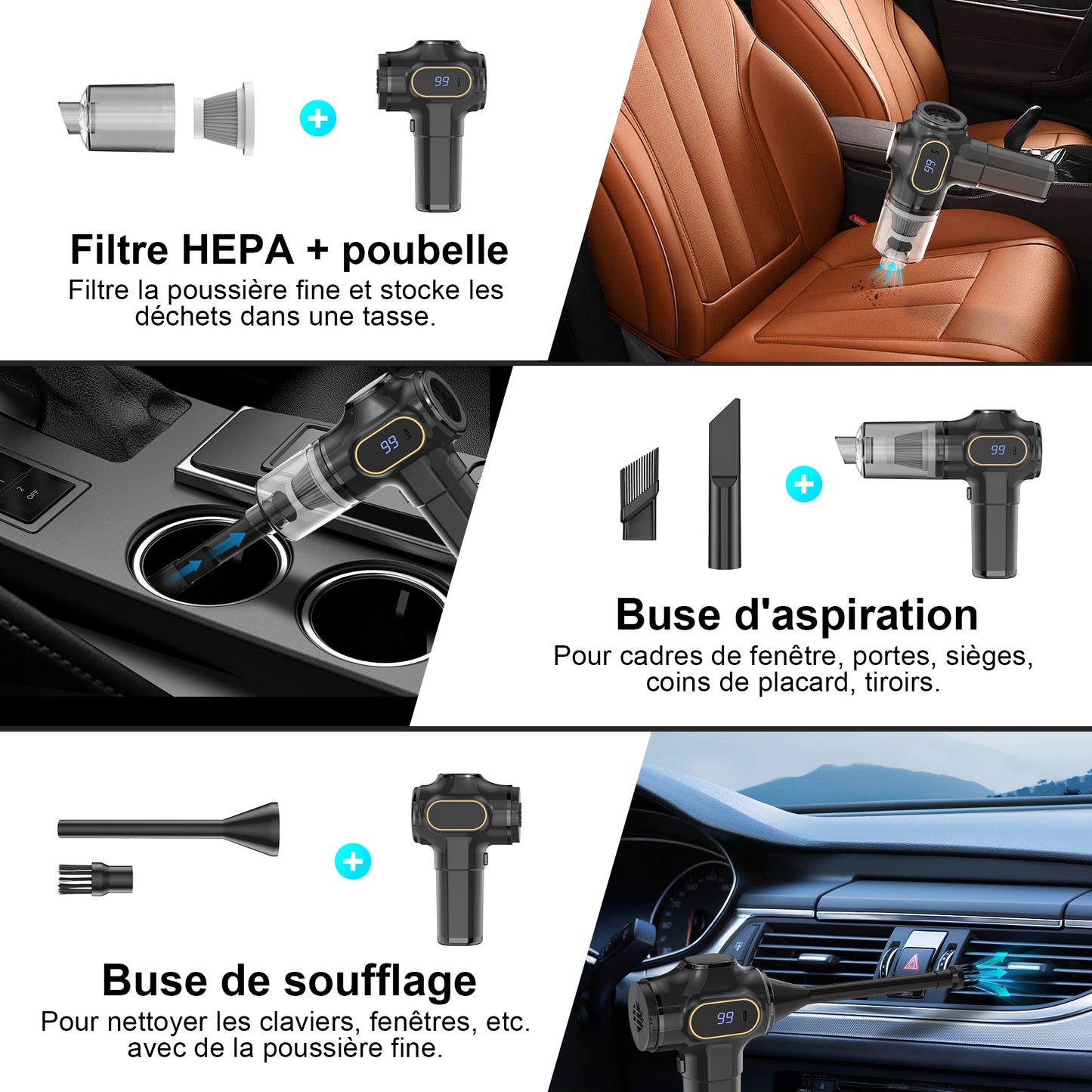 Aspirateur portable, alimenté par batterie, aspirateur pour voiture, puissant – 15000 Pa, sans fil, aspirateur pour voiture, performant, aspiration puissante, aspirateur portable, haute puissance, aspirateur portable pour voiture