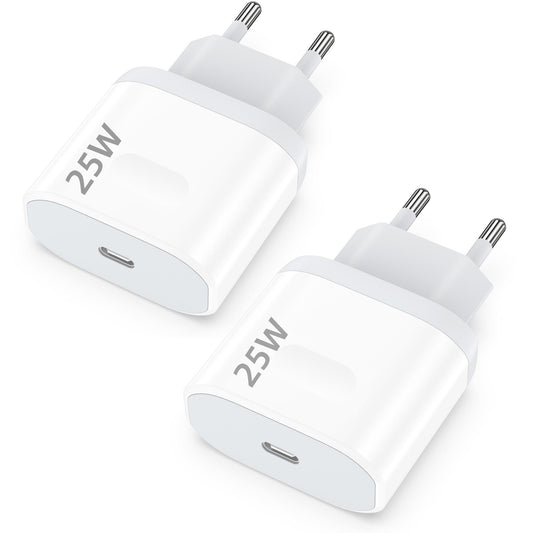 Cargador USB-C, paquete de 2 adaptadores USB-C de 25 W para iPhone 16 Pro/16/15 Pro Max/15 Pro/15/14/14 Pro/14 Pro Max/14 Plus/13/12/11 Mini SE XS XR X 8, AirPods, enchufe de cargador para teléfono, enchufe de carga, adaptador de carga.