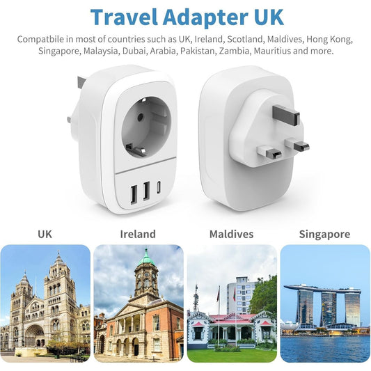 Reiseadapter - UK-Adapter (England - Deutschland) mit 2 USB-A + 1 USB-C Typ G. Steckdosenadapter, Reisestecker, Ladegerät, Stromadapter für England, Irland, Großbritannien, Dubai, Malediven, Katar, Malaysia