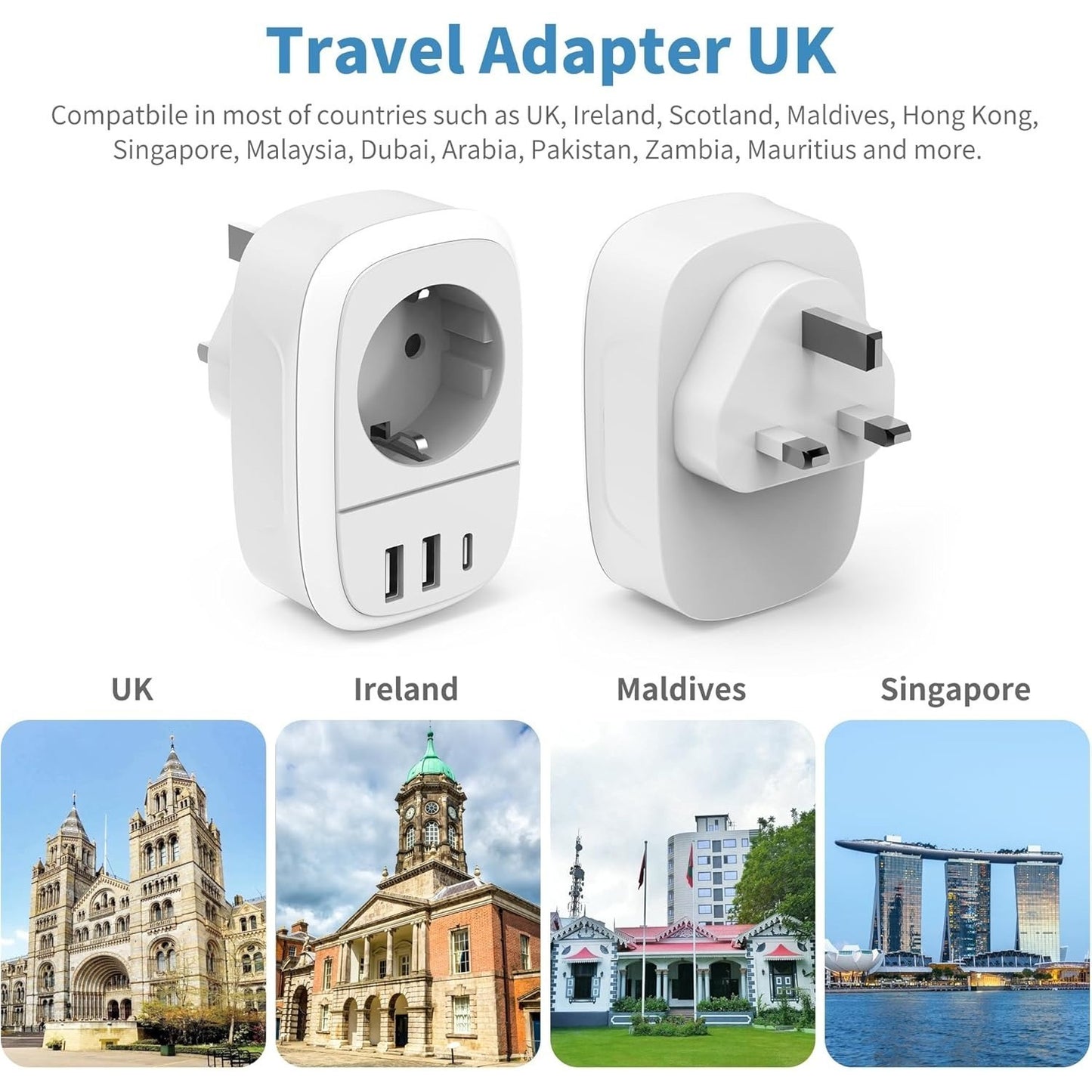 Adaptateur de voyage - Adaptateur UK avec 2 USB A + 1 USB C de type G. Adaptateur de prise de courant, adaptateur de voyage, chargeur, adaptateur électrique pour l'Angleterre, l'Irlande, le Royaume-Uni, Dubai, les Maldives, le Qatar, la Malaisie