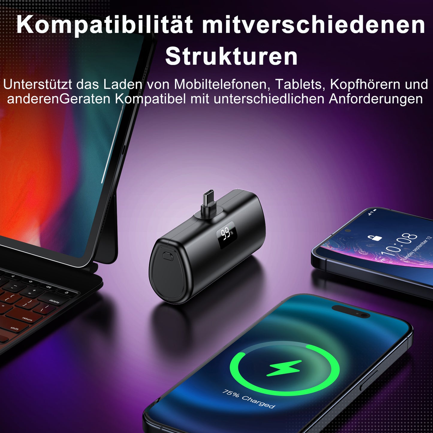 Powerbank, 5000mAh Powerbank 10.5W, USB-C Konnektor, Kompatibel mit iPhone 16 15, Samsung S22/23 Serie, Note20/10 Serie, Huawei, iPad Pro/Air, AirPods und mehr(Schwarz)