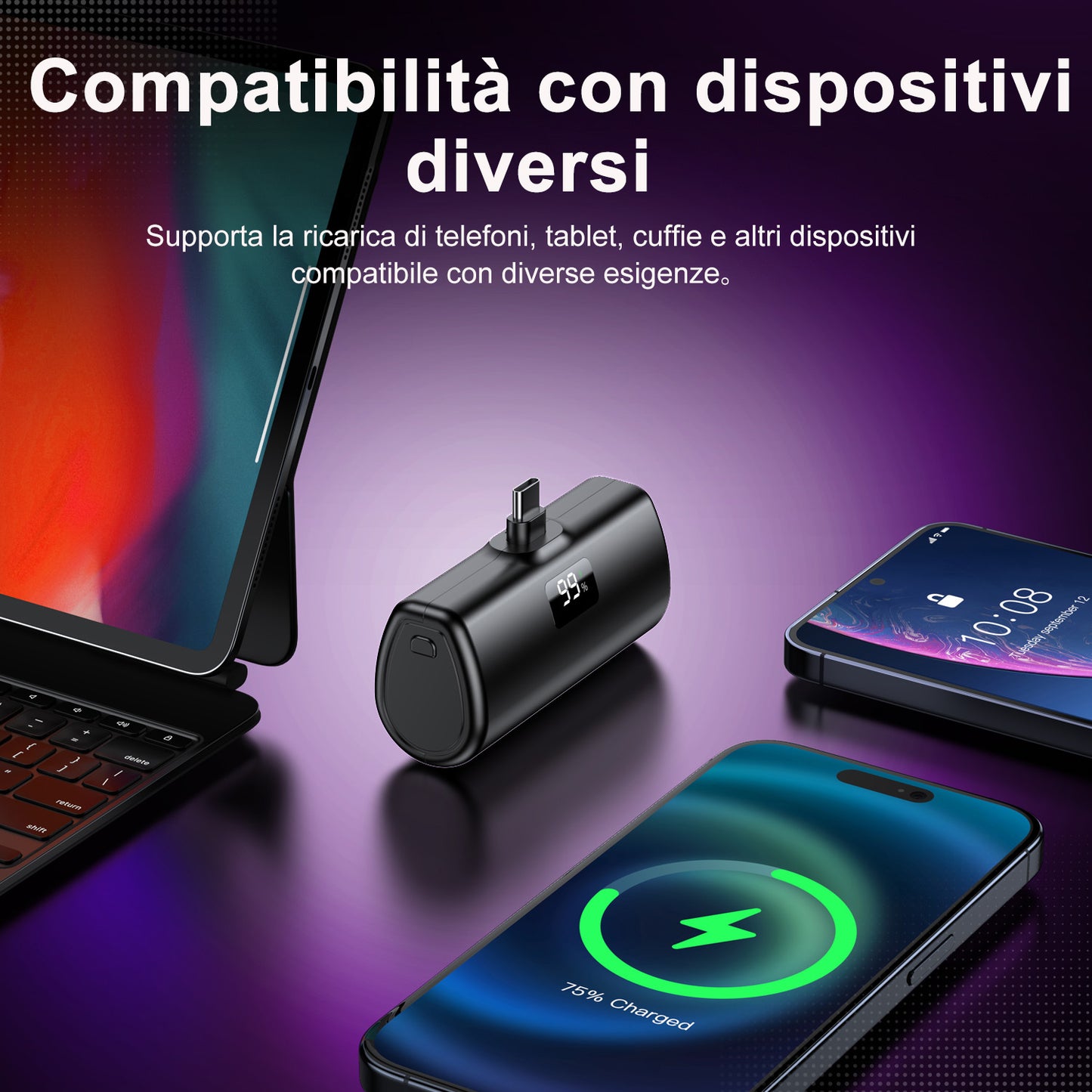 Power Bank, Power Bank da 5000 mAh, 10,5 W, connettore USB-C, compatibile con iPhone 16, 15, serie Samsung S22/23, serie Note20/10, Huawei, iPad Pro/Air, AirPods e altro (nero).