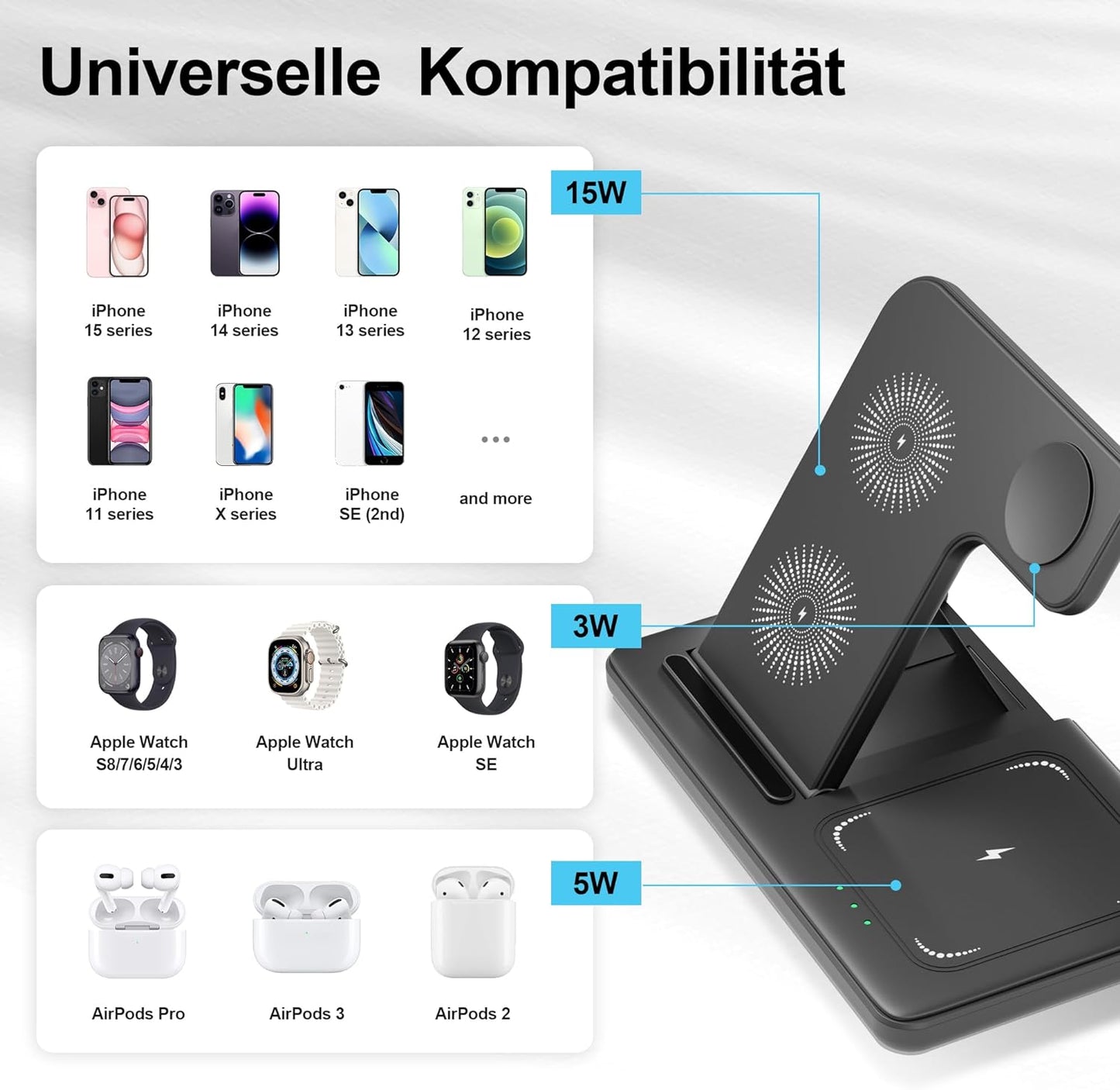 Caricabatterie senza fili, stazione di ricarica 3 in 1, con adattatore, stazione di ricarica Qi da 15 W, stand-dock magnetico pieghevole e rapido, da usare come sostituzione per iPhone 16, 15, 14, 13, 12, 11 Pro Max AirPods 4, 3, Pro (con adattatore).