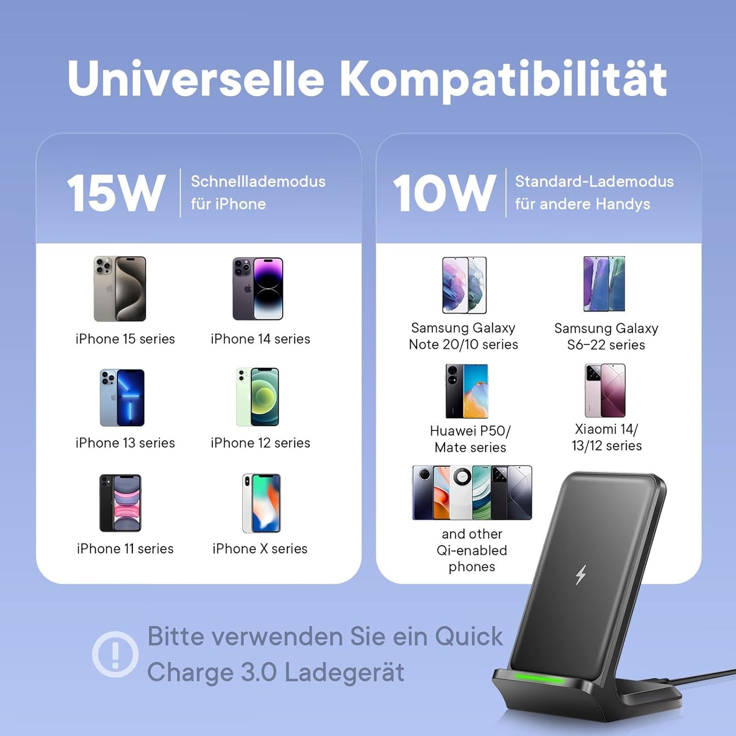 Le chargeur sans fil de 15 watts est adapté aux iPhones, aux appareils Samsung ou à d'autres téléphones mobiles dotés d'une fonction de charge sans fil.