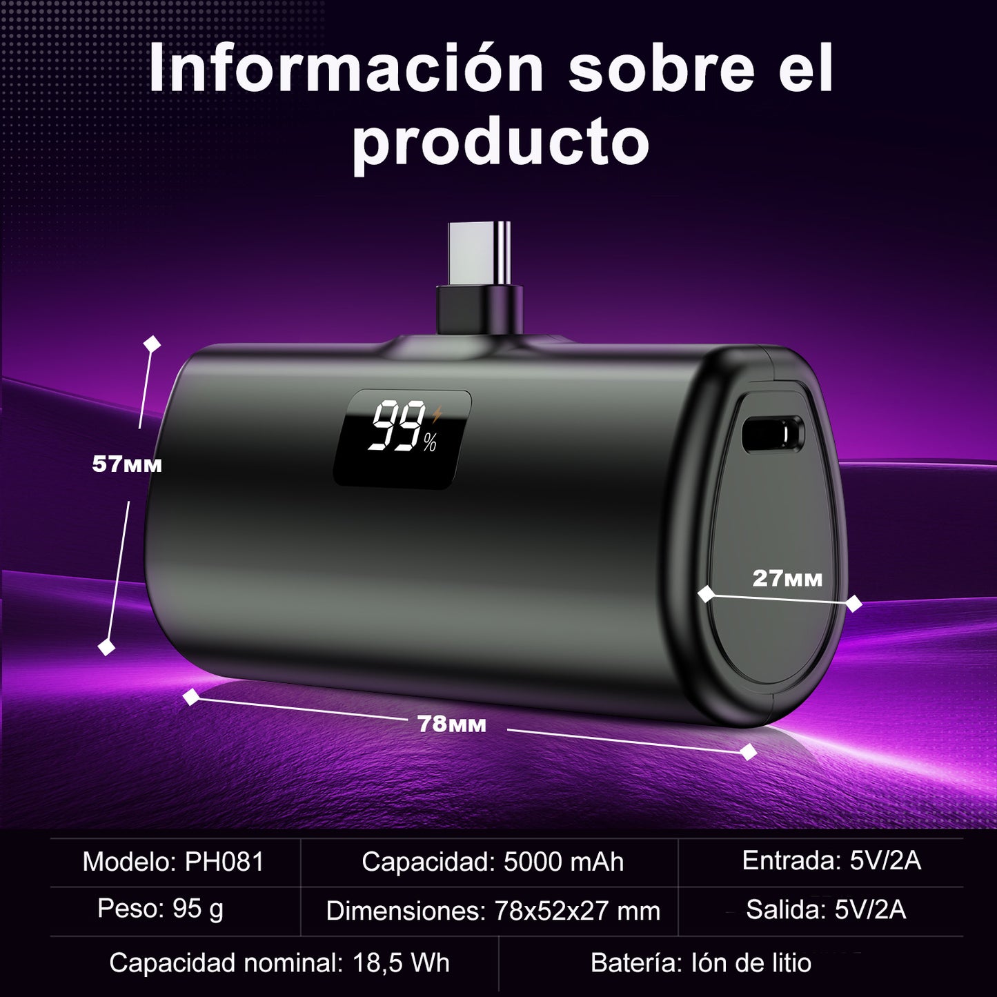 Batería externa, Batería externa de 5000 mAh, 10,5 W, conector USB-C, compatible con iPhone 16, 15, serie Samsung S22/23, serie Note20/10, Huawei, iPad Pro/Air, AirPods y más (negro).