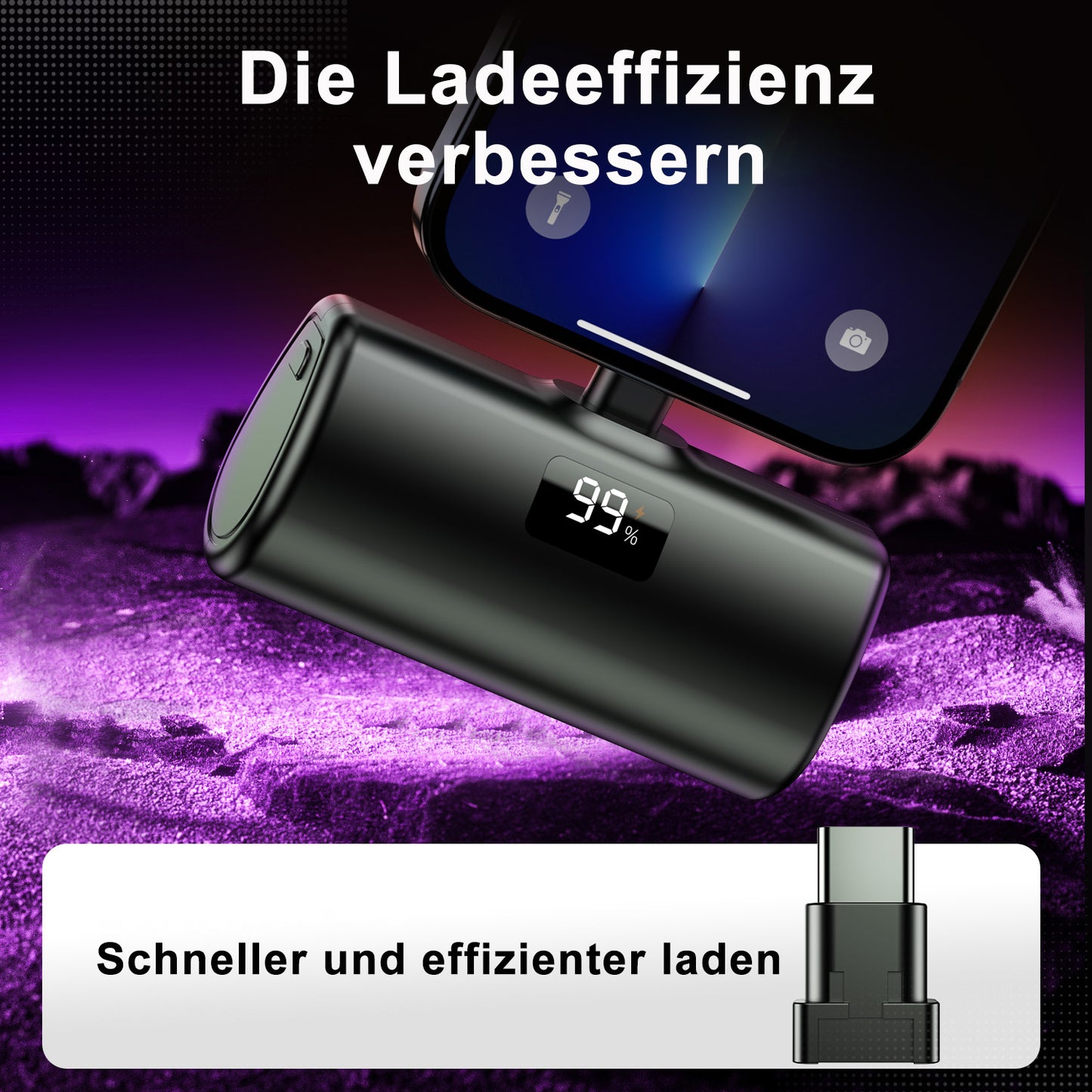 Powerbank, 5000mAh Powerbank 10.5W, USB-C Konnektor, Kompatibel mit iPhone 16 15, Samsung S22/23 Serie, Note20/10 Serie, Huawei, iPad Pro/Air, AirPods und mehr(Schwarz)