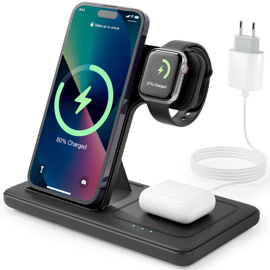 kabelloses Ladegerät, 3-in-1-Ladestation, mit Adapter，15 W Qi-Ladestation Schnelles zusammenklappbares magnetisches Stand-Dock als Ersatz für iPhone 16 15 14 13 12 11 Pro Max XS XR X, iWatch 10 9 8 7 6 5 4 3 SE, AirPods 4 3 Pro (mit Adapter)