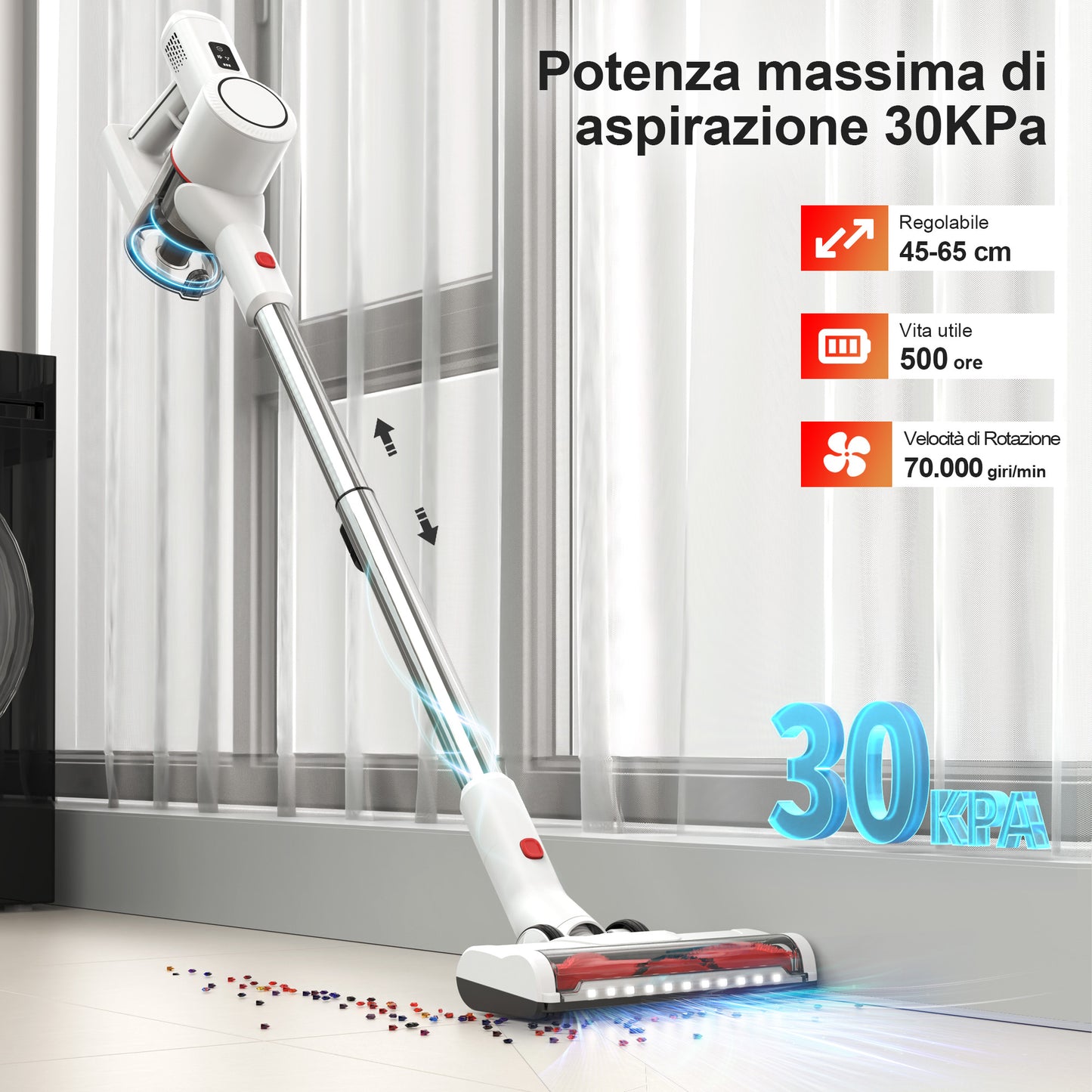 Aspirapolvere Senza Fili Scopa Elettrica - Potente Vacuum Cleaner Senza Filo Ricaricabile Batteria Silenzioso Leggera Scope Elettriche per Pavimenti Tappeti Peli Animali Domestici