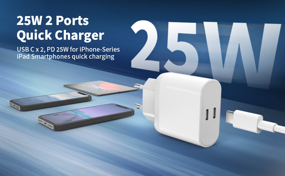 Chargeur USB C, prise USB C 25 W, chargeur rapide pour iPhone 16, 15, 14, 13, 12, 11 Pro Max Plus Mini SE X XS XR, Samsung Galaxy, embout, adaptateur, bloc d'alimentation, USB Type C.